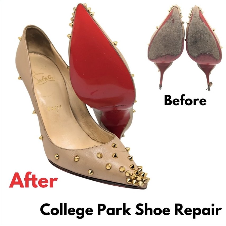 Before and after heel repair photographed at College Park Shoe Repair.