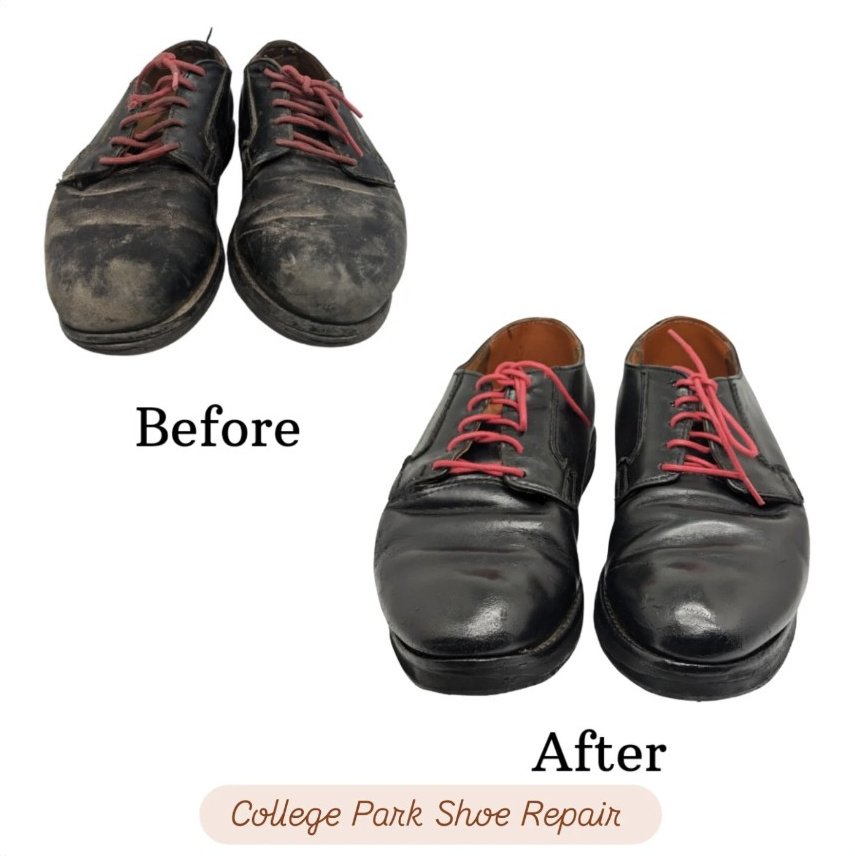 Before and after men's black shoe restoration at College Park Shoe Repair.